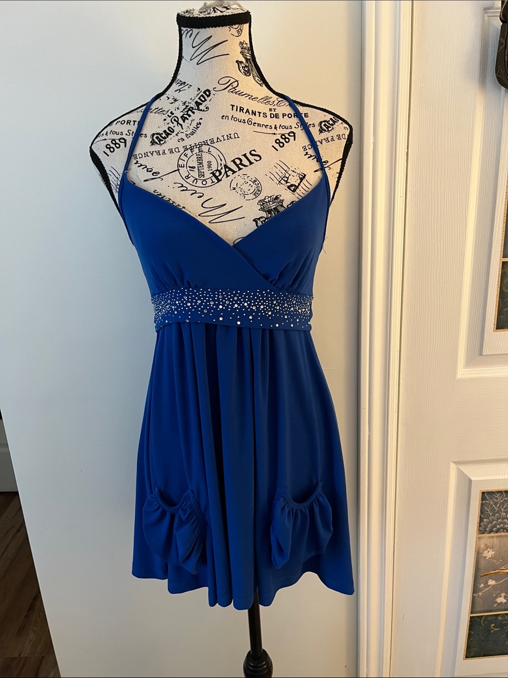Blue Rhinestone Empire Waist Halter Dress or Top